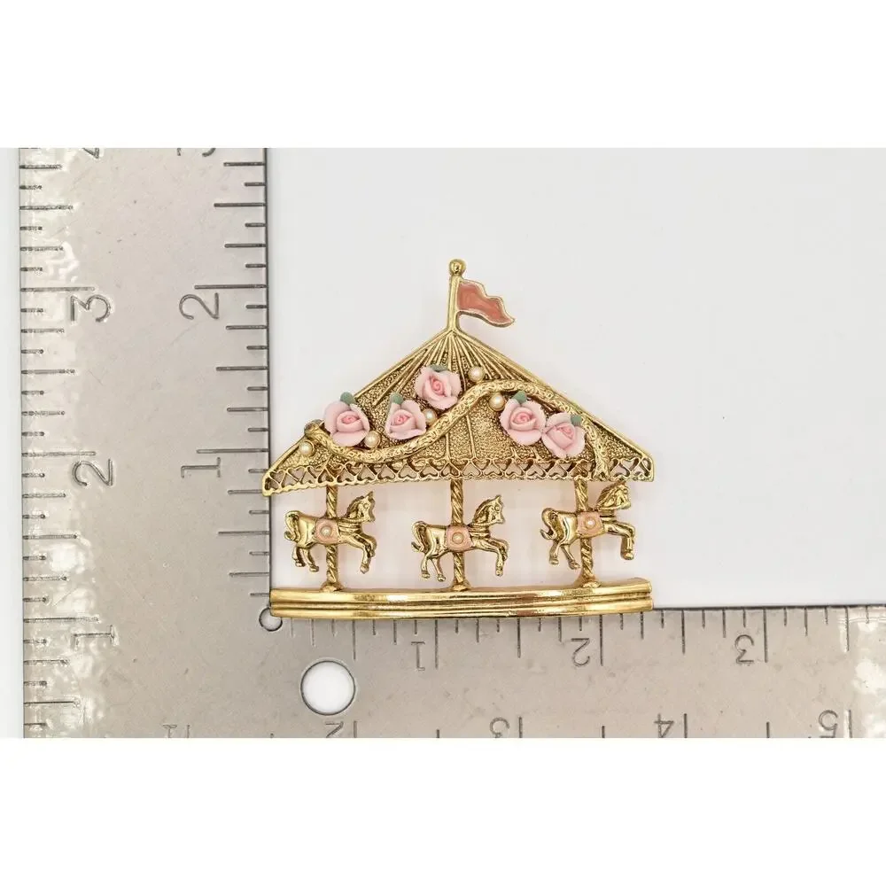 1928 Vintage Carousal Pin Brooch Horse Gold Pink Roses Romantic 1980s BinBG
